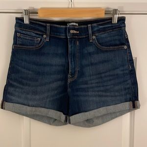 Express Dark Blue Midi High Rise Jean Shorts